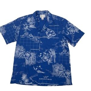 Howie Men’s Size XL Blue made in Hawaii button front shirt maps islands print